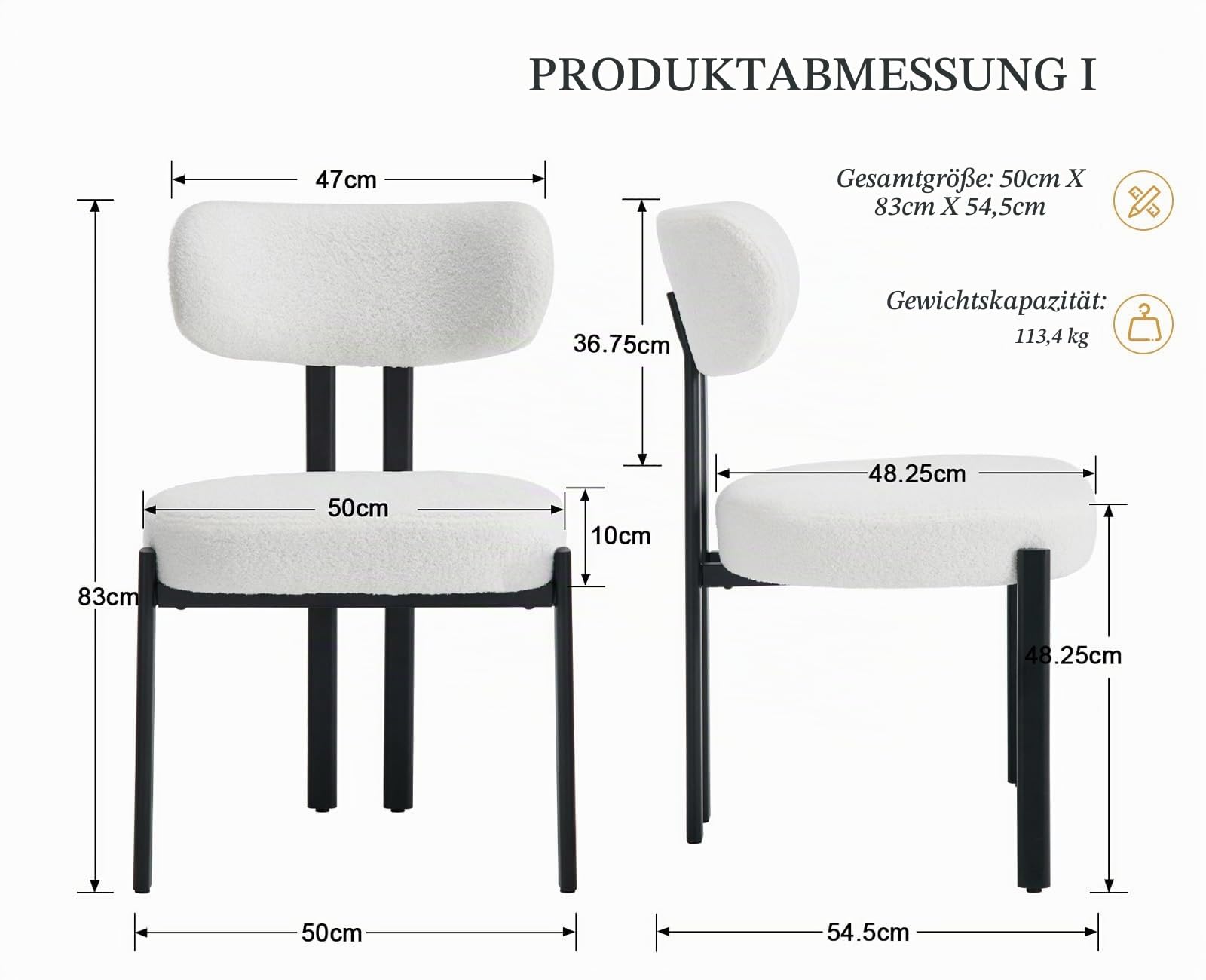 Ya-Home Esszimmerstühle 2er Set, Runde Boucle Stühle, Weiß