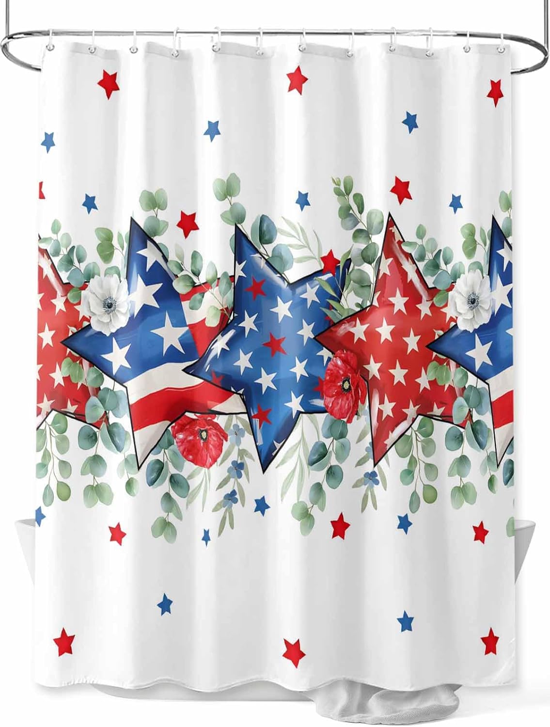 4th of July Shower Curtain, Patriotic Memorial Day Shower Curtains Set with Hooks, American Stars Summer Poppy Eucalyptus Waterproof Fabric Bathroom Curtains Decor Accessories,72 X 84 Inch Extra Long