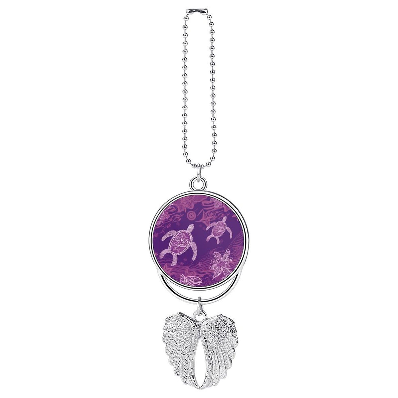 Hawaii with Purple Sea Turtle Car Pendant Car Rearview Mirror Pendant Custom Photo Car Hanging Ornament Car Rear View Mirror Hanging Accessories Angel Wing Car Charm Gift for Men Women