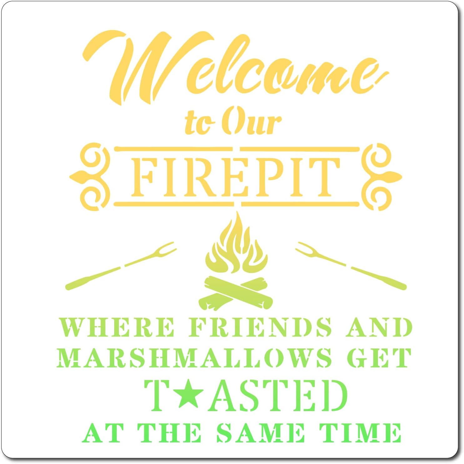 GORGECRAFT 12"X12" Bonfire Stencil Welcome to Our Firepit... Templates Reusable Plastic Drawing Painting Stencils Template for Painting on Card Wall Fabric Tile Canvas Crafts DIY Home Decor