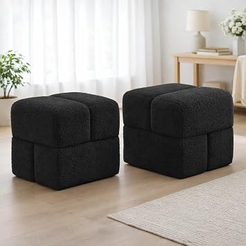 Modular Boucle Ottoman Set of 2, Upholstered Cube Footstool, Soft Sherpa Fabric, Stackable Accent Ottoman