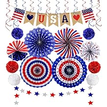 26Pcs Patriotic Decorations 4th of July Decorations LOVE USA Banner Red White Blue Paper Fans Star Streamer Pom Poms Hanging Swirls for Veterans Labor Presidents Flag Memorial Day