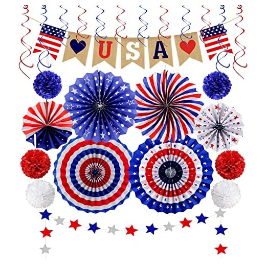 26Pcs Patriotic Decorations 4th of July Decor - LOVE USA Banner Red White Blue Paper Fans Star Streamer Pom Poms Hanging Swirls for Veterans day,Labor Day,Presidents Day,Flag Day