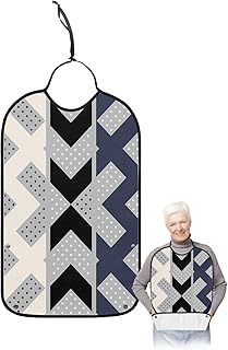 Black Navy Blue Geometric Adult Bib for Eating with Crumb Catcher,Washable & Waterproof Terry Cloth Adjustable Elderly Women Men Adult Bibs Funny Clothing Protector Abstract Bohemia Polka Dot Stripes