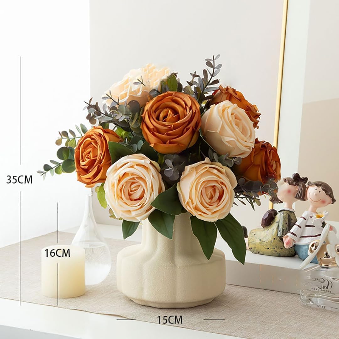 Silk Roses Artificial Flowers in Vase,Fake Flowers with Vase,Faux Flower Arrangement with Vase for Home Office Decoration, Dining Table Centerpiece - Image 2