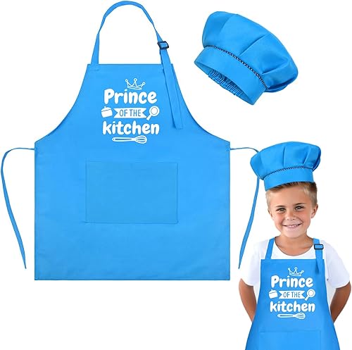 LYNLIN Delantal para niños, juego de sombrero de chef, delantal de entrenamiento con 2 bolsillos para niños y niñas, cocinar, hornear, pintura