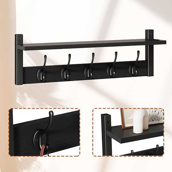 YMYNY 120cm Coat Hooks Wall Mounted with Shelf, Black HWS004B-2