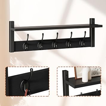 YMYNY 120cm Coat Hooks Wall Mounted with Shelf, Black HWS004B-2