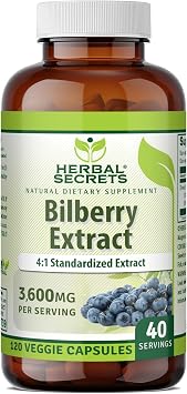 Herbal Secrets Bilberry 300 Mg | Standardized 41 Extract | 120 Softgels | 3600 Mg Equivalent Supplement | Non-GMO | Gluten-Free | Made in the USA