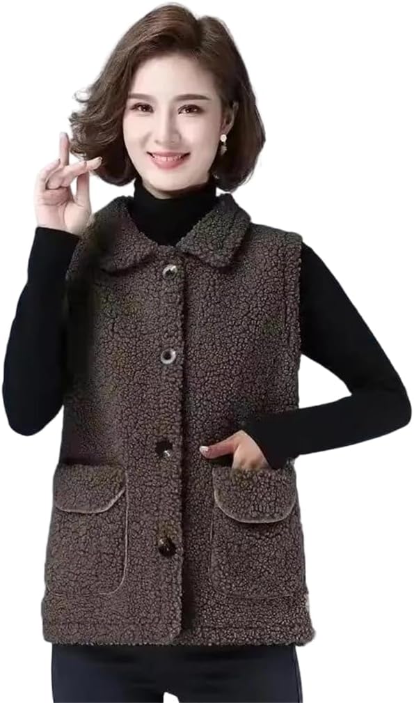 Women's Button Lamb Waistcoat Fall Winter Single Breasted Warm Thick Fleece Vest Sleeveless Jacket