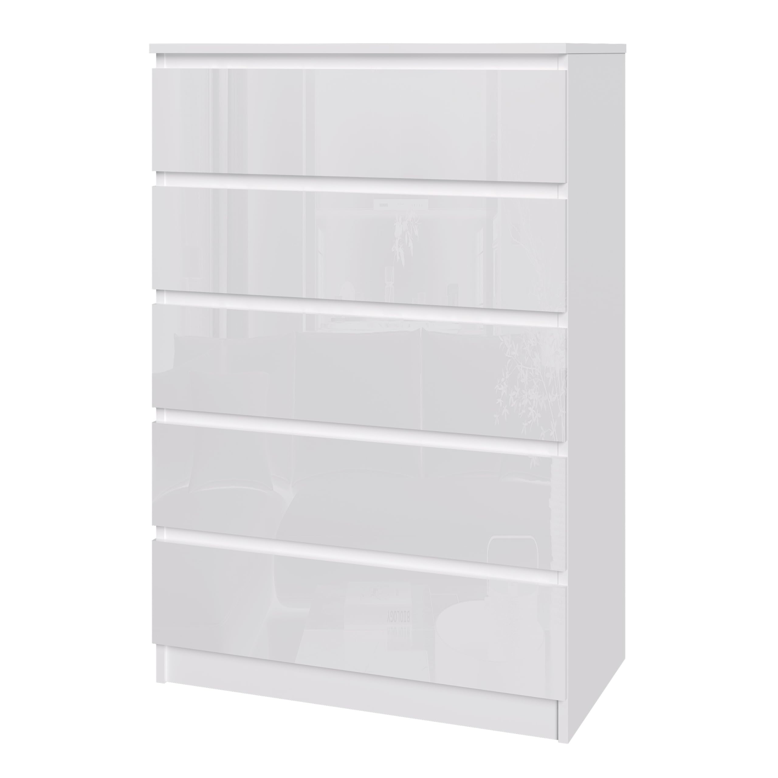 Panana Modern High Gloss Chest of Drawers, 3/4/5/6 Drawer Wooden Dresser with Metal Runner Bedside Table No Handle Sleek Design Storage Organizer Unit for Living Room Bedroom (White, 5 Drawers)