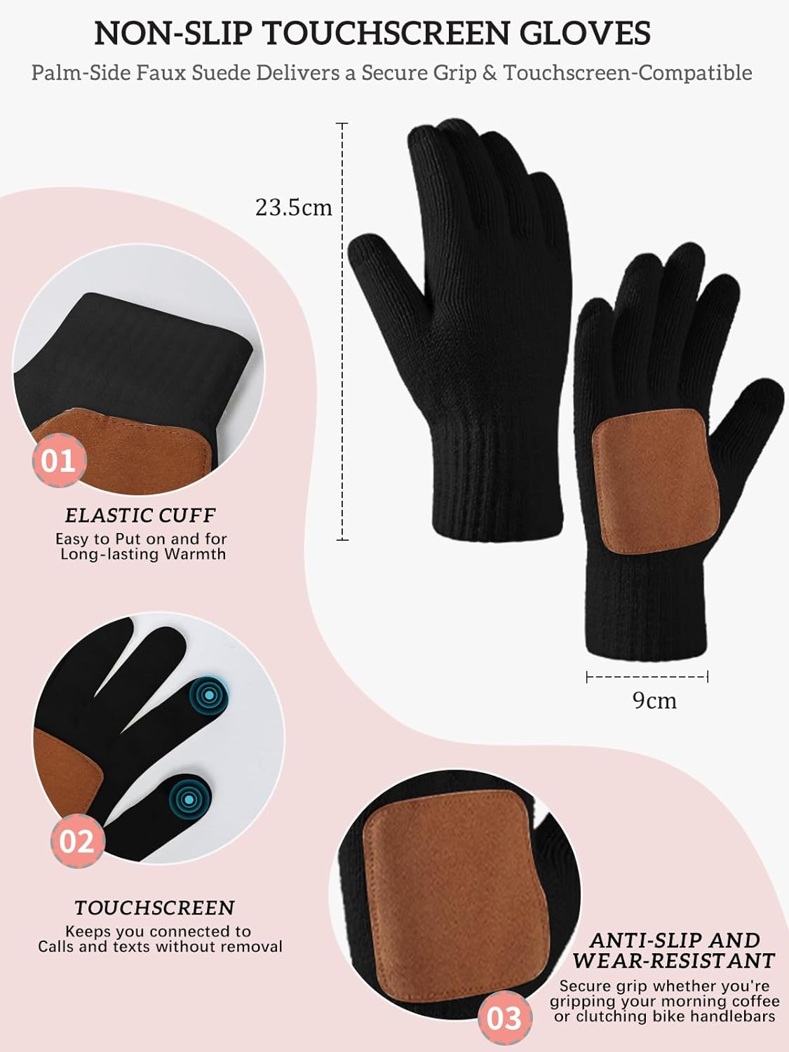 Women's Winter Beanie Hat Scarf Gloves Set,Fleece Lined Knit Pom Hat Long Scarf with Touchscreen Gloves Gifts for Women - Image 2