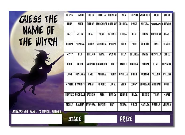 A3 Guess The Name of the Witch Halloween Fundraising Scratchcard Match and Win card