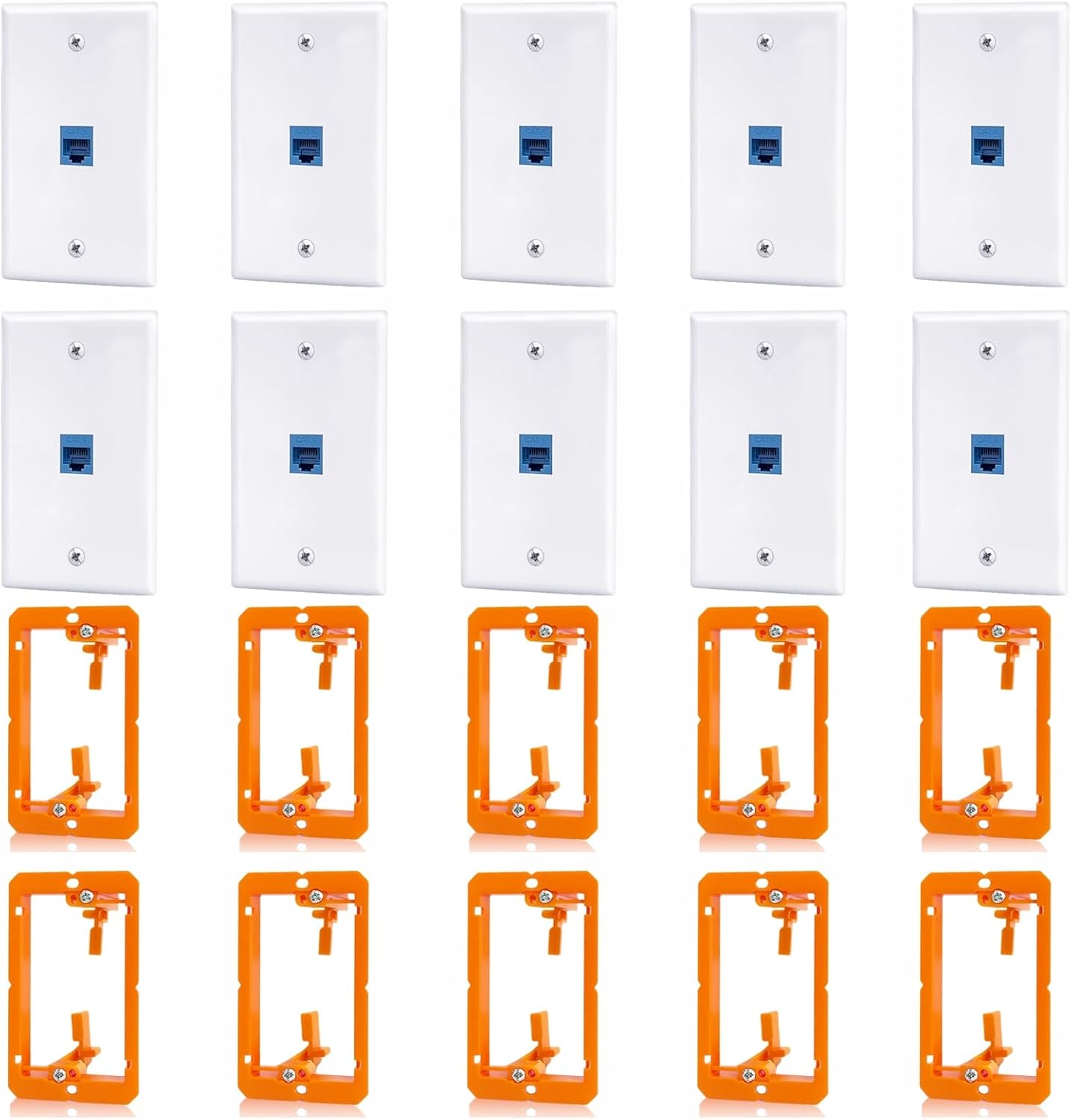 10 Pack Ethernet Wall Outlet, 1-Port Cat6 RJ45 Keystone Jack with Single Gang Low Voltage Mounting Bracket, Ethernet Wall Plate Blue Coupler Female to Female Network Cable Cover