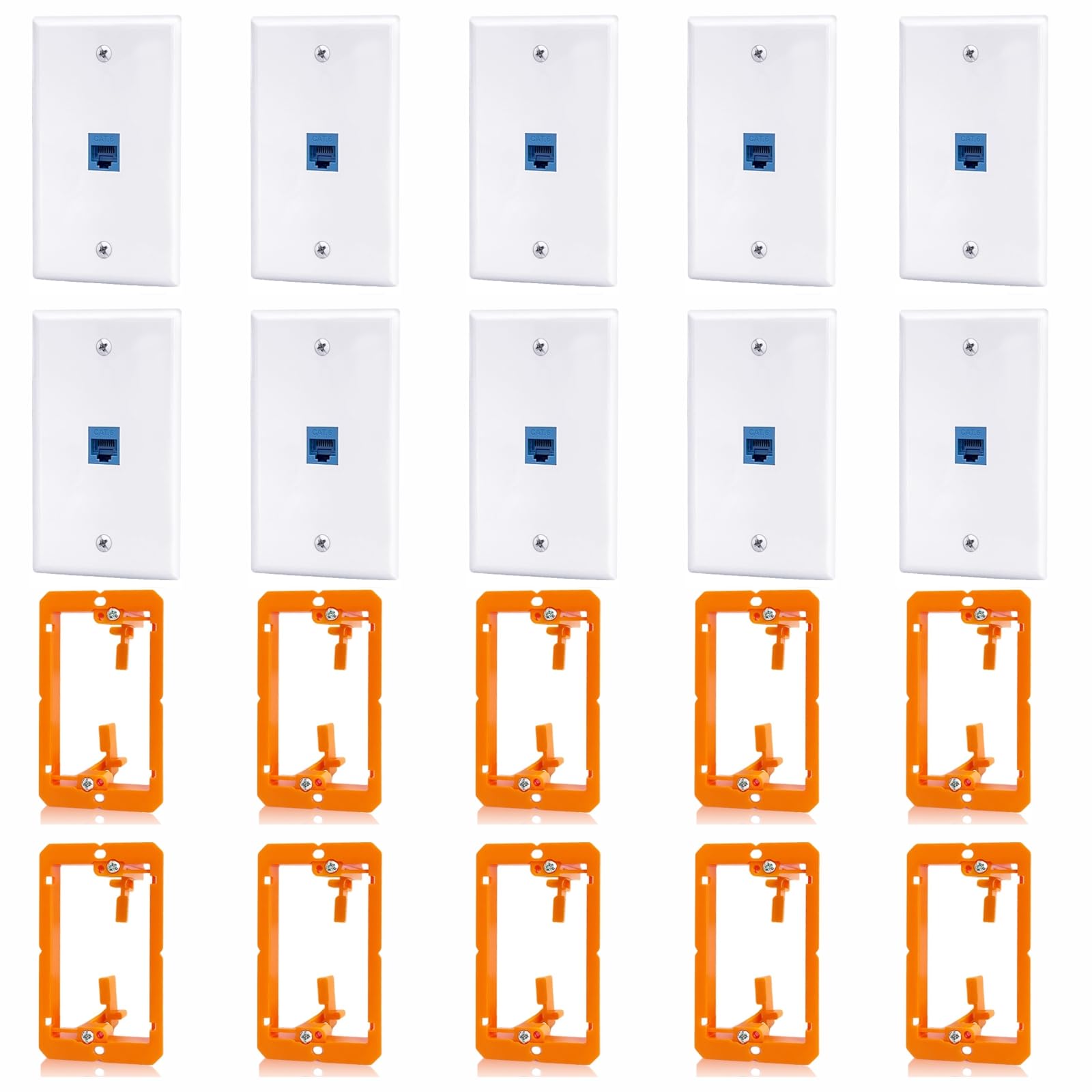 Confezione da 10 prese Ethernet a muro, 1 porta Cat6 RJ45 Keystone Jack con staffa di montaggio a bassa tensione a banda singola, piastra a parete Ethernet, accoppiatore blu femmina a femmina
