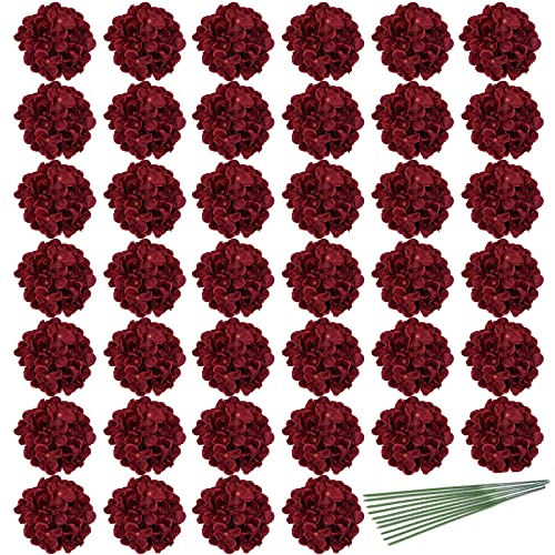 JPSOR Künstliche Hortensien-Blumenköpfe aus Seide mit Stielen, künstliche Blumen für Hochzeit, Tafelaufsatz, Zuhause, Garten, Party, Dekoration (Burgunderrot), 40 Stück Cover