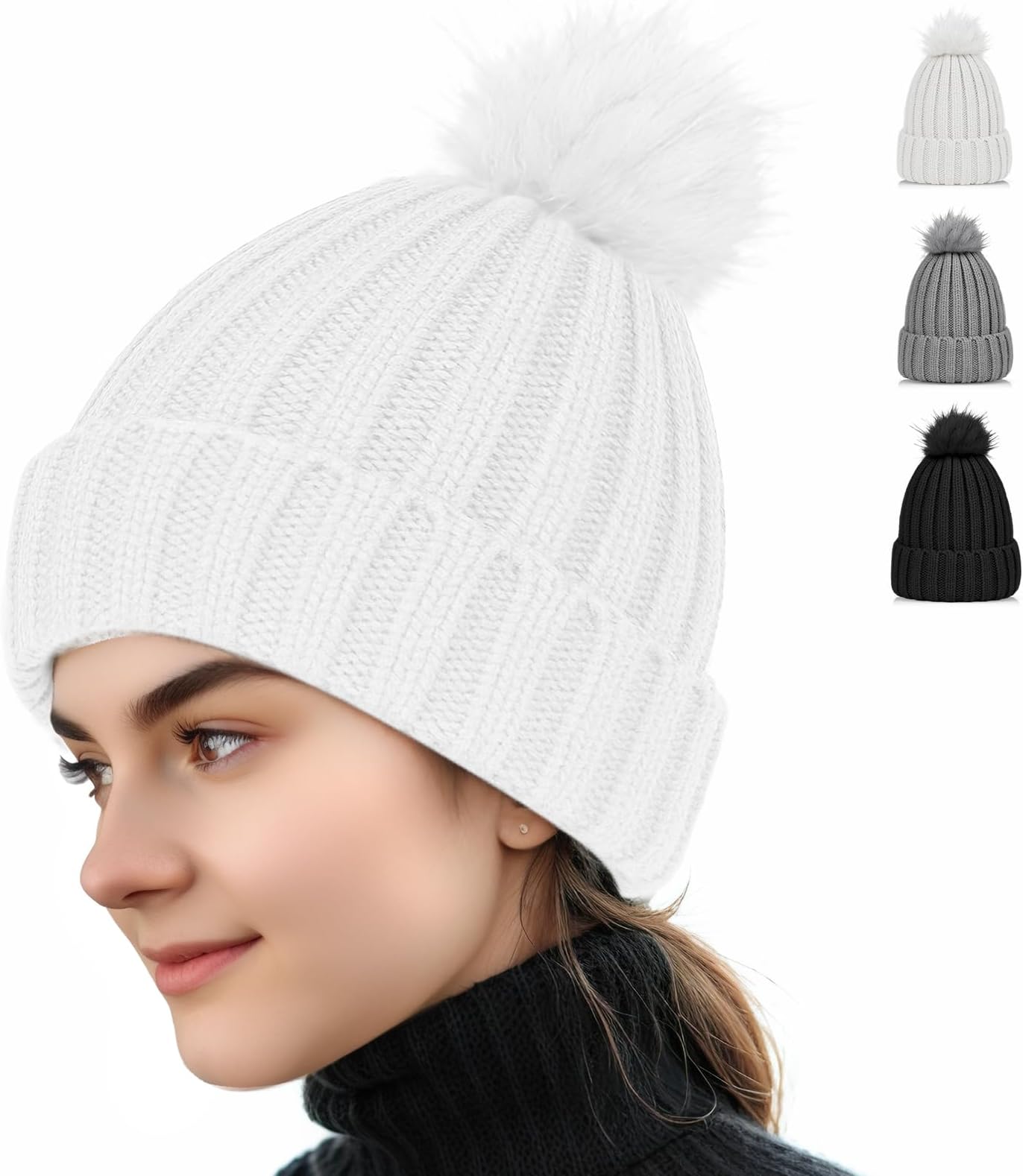 Womens Winter Beanie Hats,Soft Beanie Warm Lined Warm Chunky Stretch Hats,Thick Knitted Hat Cold Weather Camping Skiing