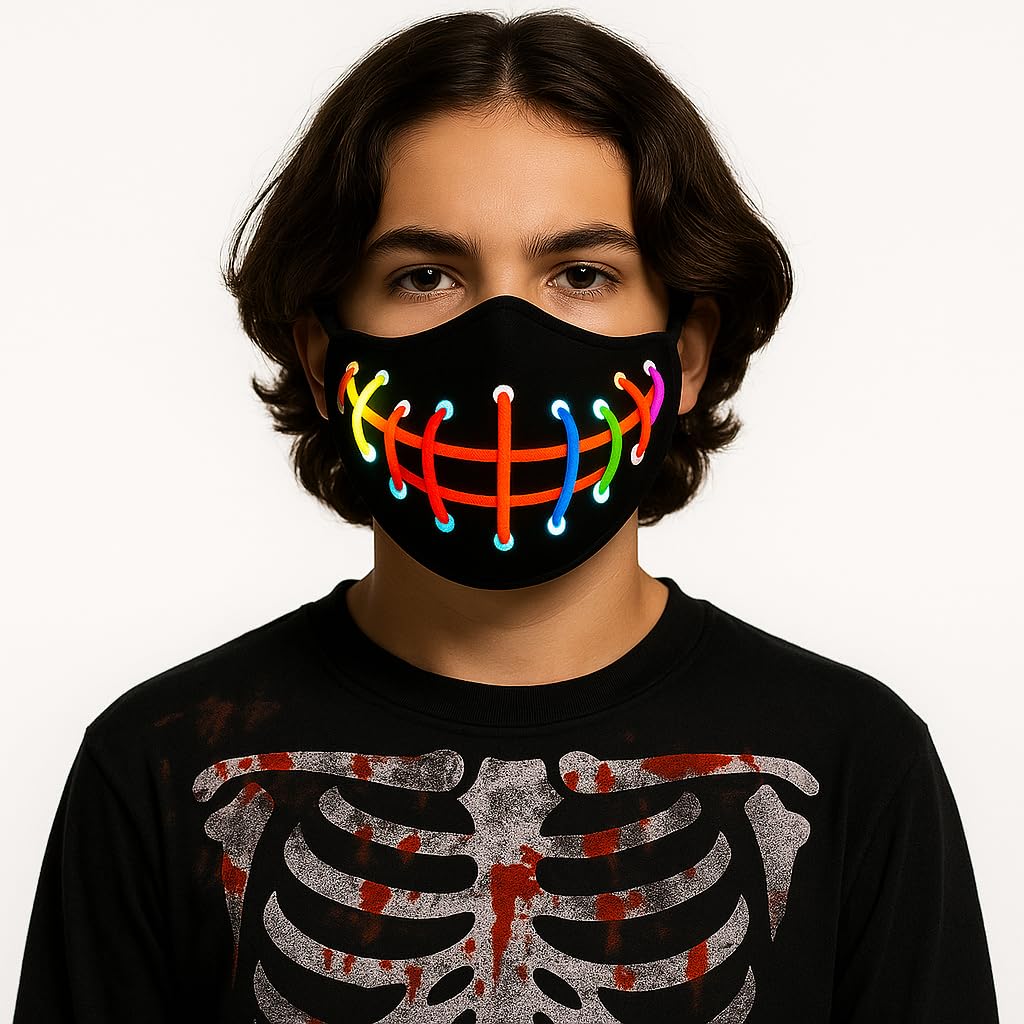 LED Halloween Face Mask Glowing Purge Mouth Mask Unisex Great for Kids Costume Mask People with Glasses USB