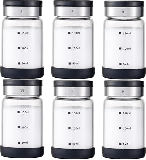 6 oz Salt and Pepper Shaker Set of 6, 4 Settings, S/M/Pour/OFF | Glass Spice Storage Jar, Seasoning Cans with Scale, Non-Slip Base, for Home, Coffee Shop, Offices, Restaurants, Bakery, Hotel