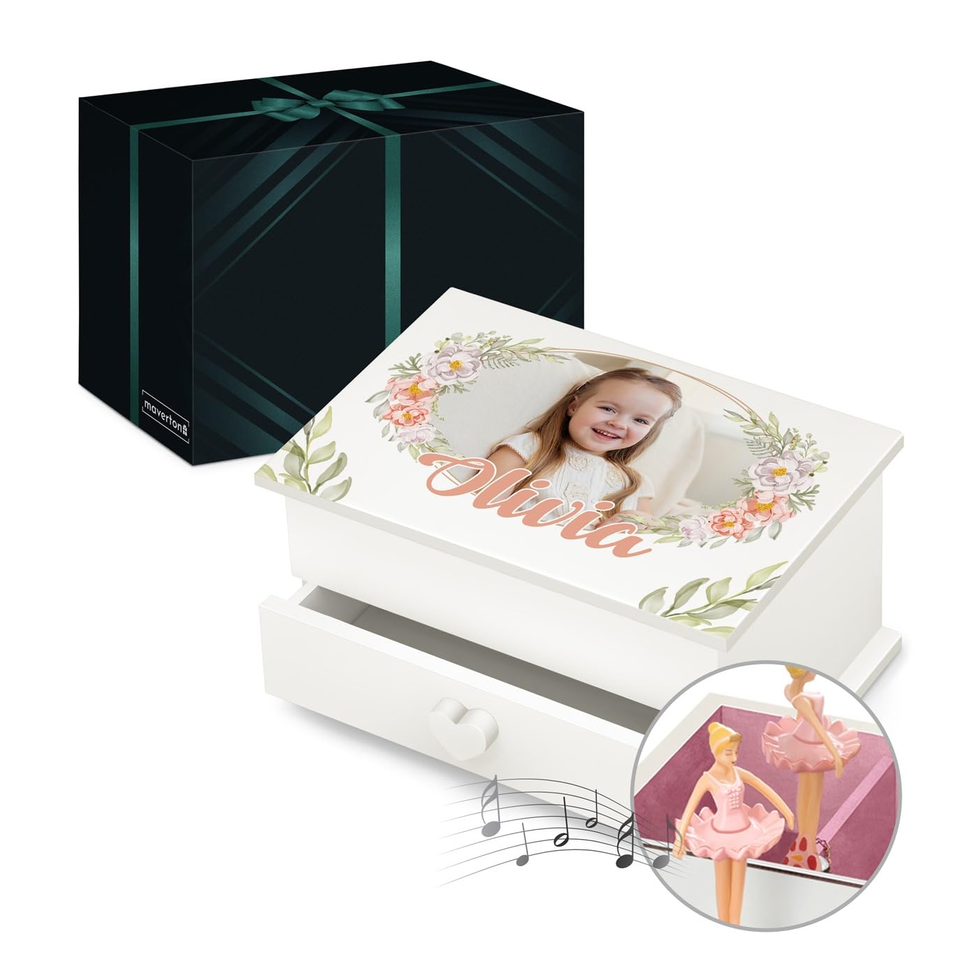 Maverton Personalised Ballerina Treasure Box for Little Princess - Wooden Jewellery Organiser With Drawer and Photo - White Birthday Gift for Her - Meadow