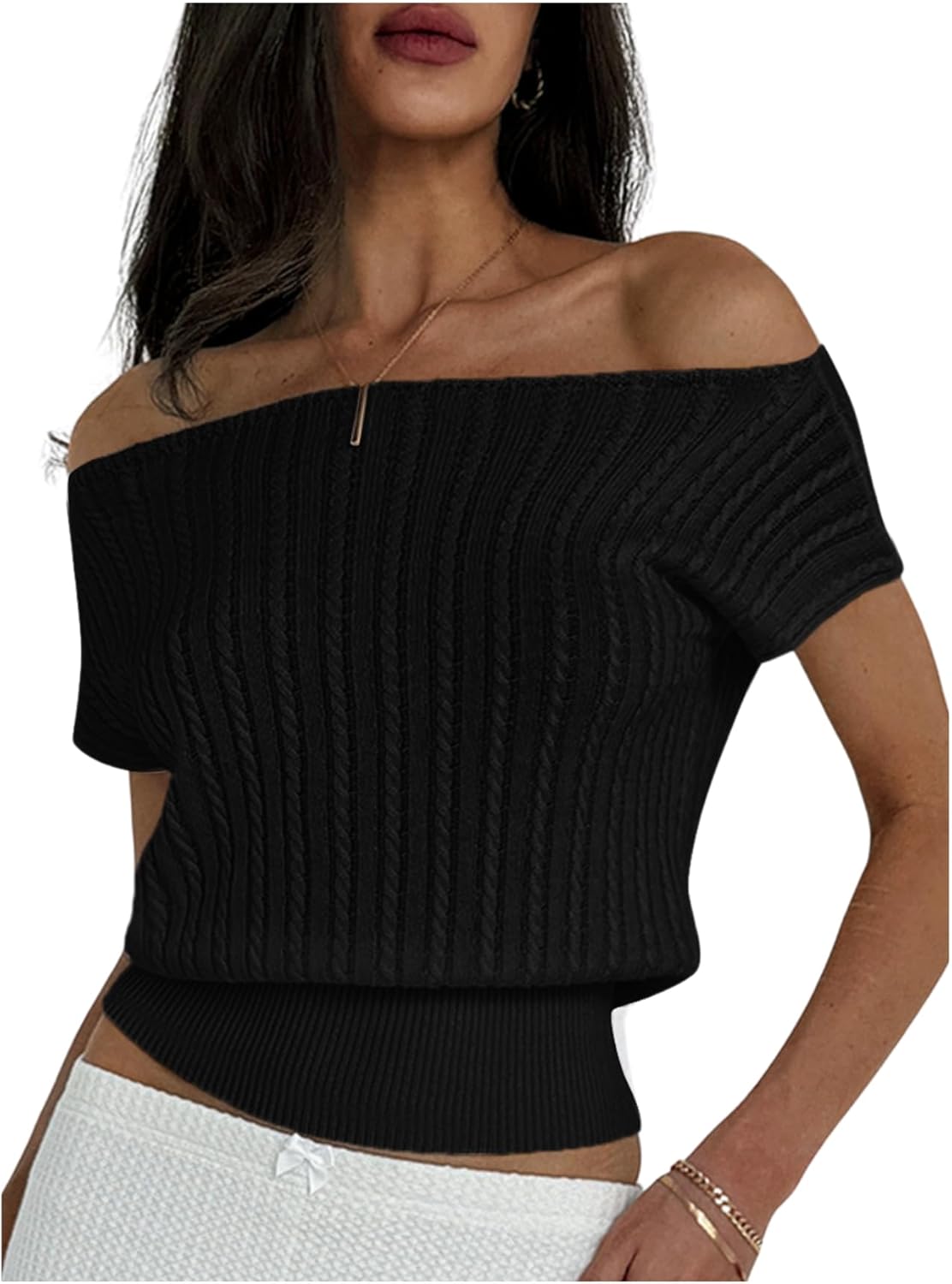 WDIRARA Women's Off Shoulder Textured Short Sleeve Fitted Waist Knitted Top