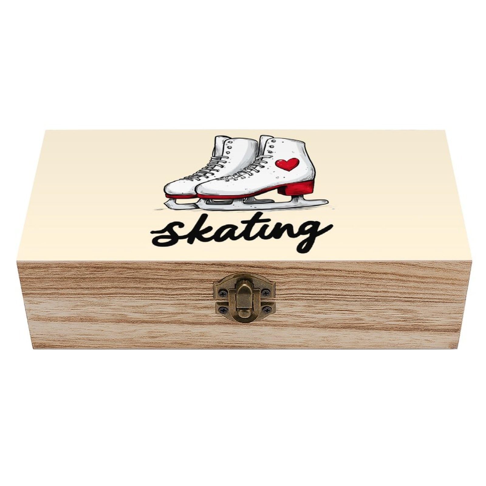 Figure Skating Wooden Box with Hinged Lid Decorative Storage Case Container