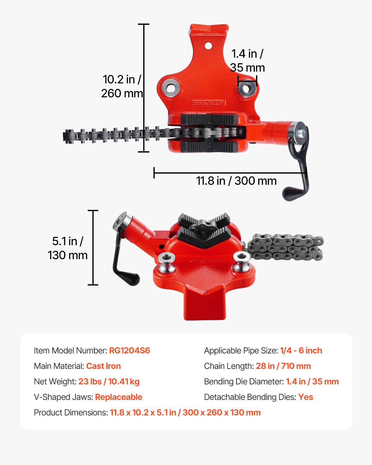 VEVOR Étau à Chaîne d'Établi à Vis de Tuyaux 6,35-152,4 mm avec Chaîne Robuste 710 mm, Base en Fonte, Serrage de Qualité Industrielle, pour Plomberie, Réparations Automobiles, Travail des Métaux