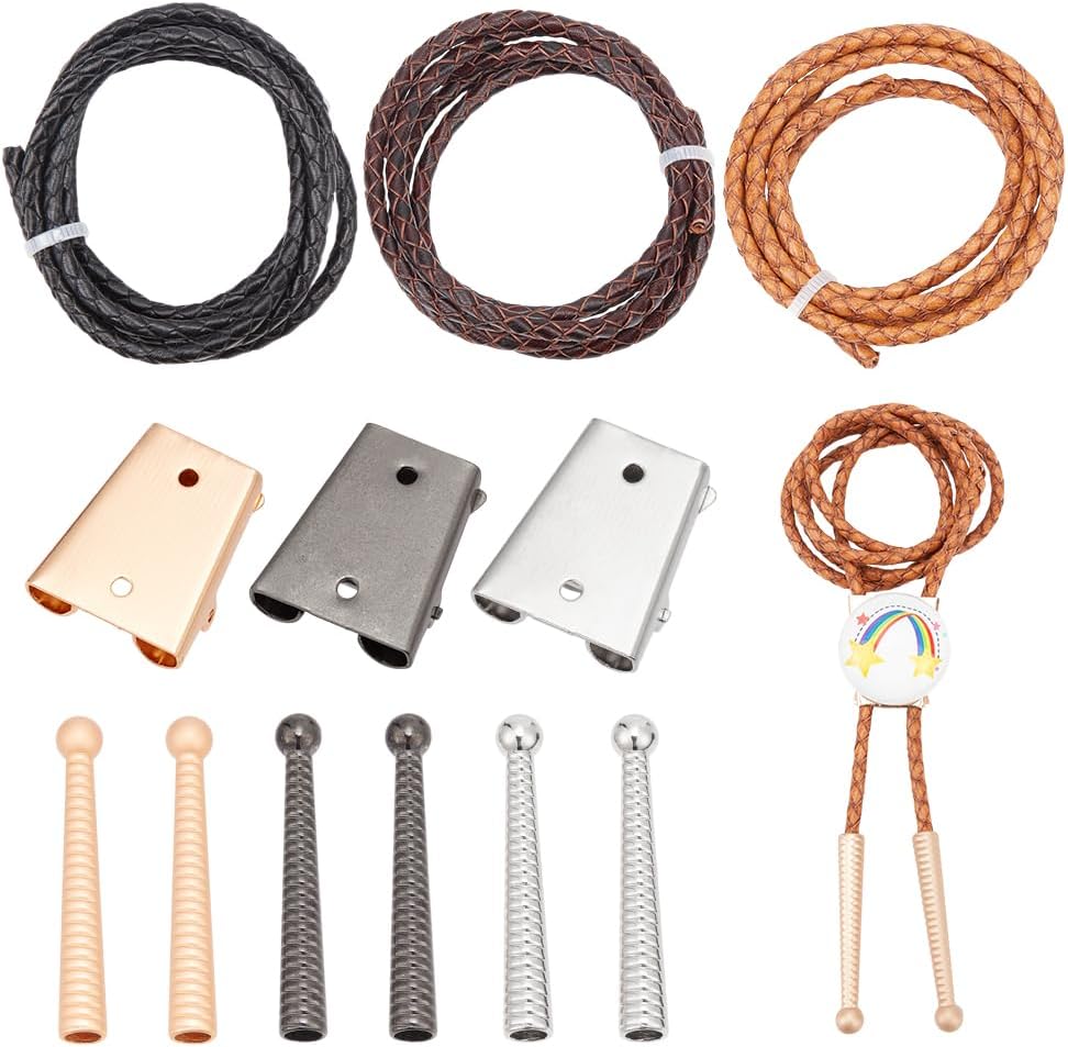 NBEADS 3 Sets Bolo Tie Making Kit, Bolo Tie Tips Replacement End Caps Kit Bolo Tie Buckle Accessories with 6 Pcs Alloy Cord End and 3 Pcs Iron Bolo Tie Slide Clasps for Bolo Tie Making