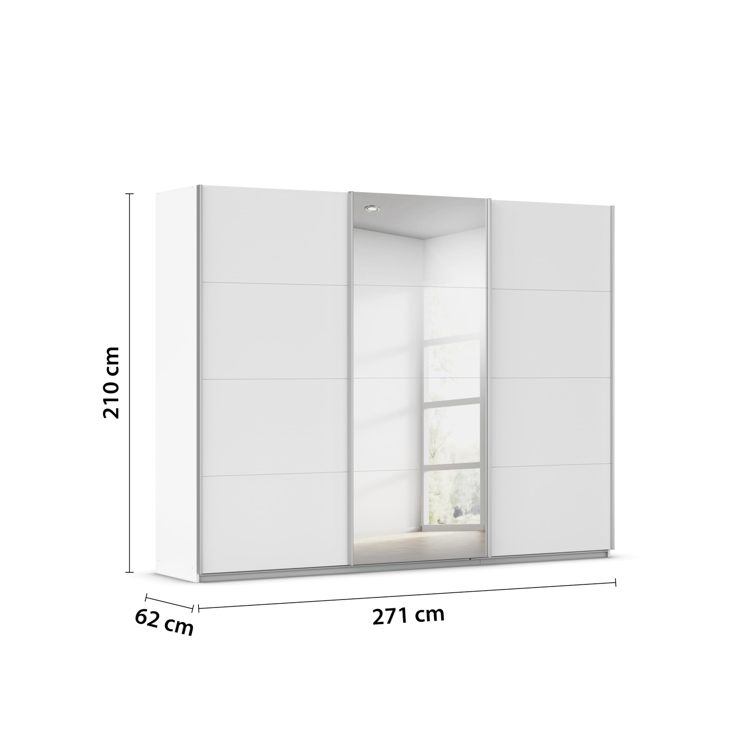 Rauch Möbel KULMBACH, Schwebetürenschrank, Farbe Weiß, Breite 271 cm | Kleiderschrank mit Schwebetüren, Schiebetüren, 3-türig, mit Spiegel, Zubehör Premium, Schlafzimmer, Jugendzimmer, Garderobe