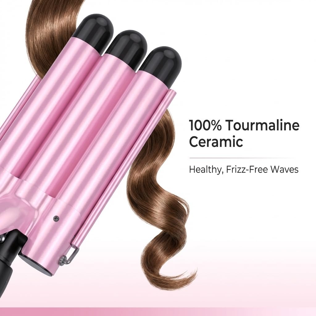 kuwa LCD Temperature Display Hair Crimper,15 Variable Temperature Crimper Hair Tool,Three Barrel Curling Iron,Beach Waves Curling Iron,HairWaver for Women