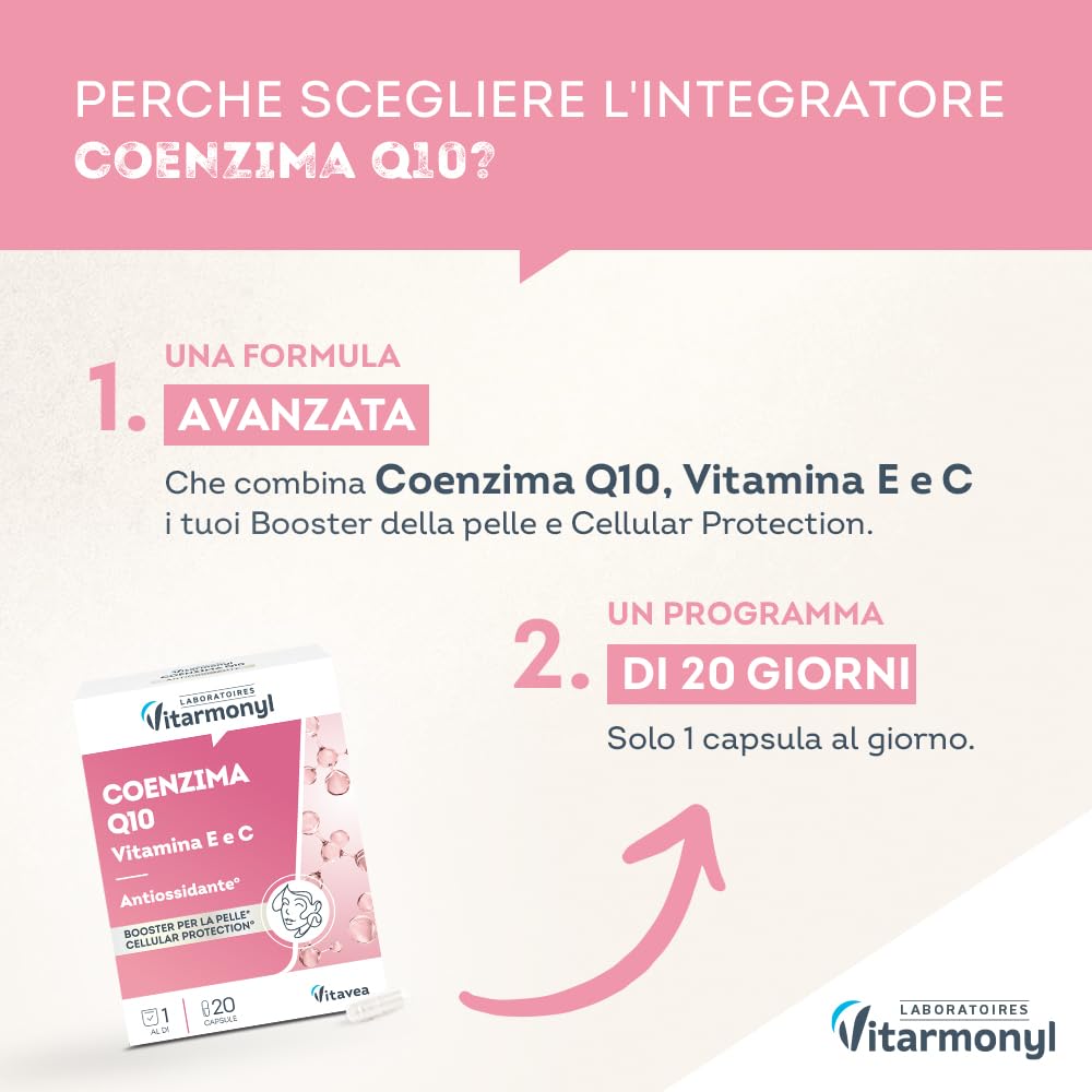 Coenzima Q10 con Vitamina E e C - Integratore Antiossidante per la Pelle e Protezione Cellulare - Benessere della Pelle - 20 Capsule - Vitarmonyl