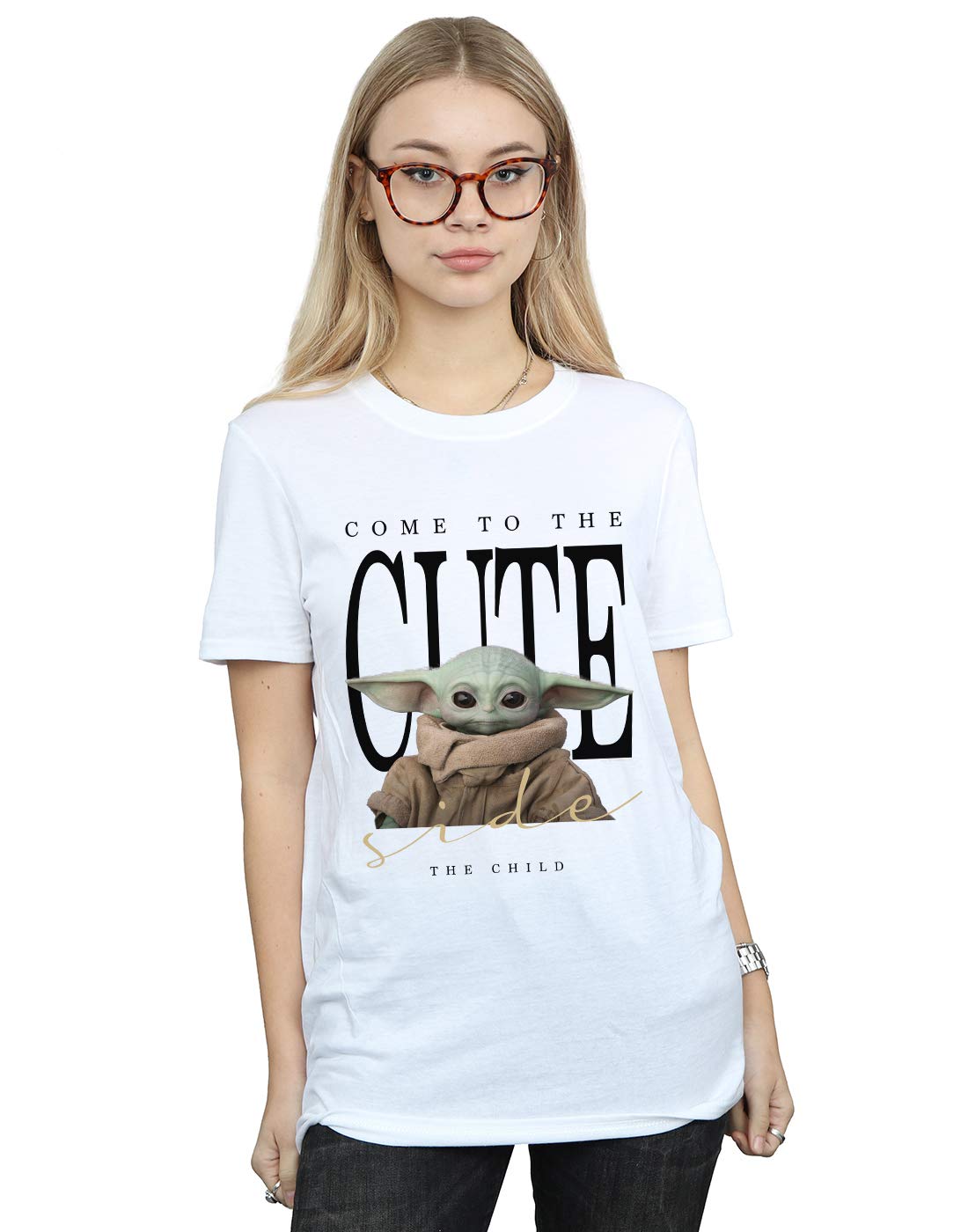 Absolute Cult Women's White Star Wars The Mandalorian The Cute Side Boyfriend Fit T-Shirt X-Large
