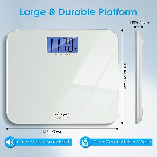 Báscula Parlante Digital de Baño, Precisión 0.2 lb, Capacidad 551 lb, Pantalla LCD miniatura 5