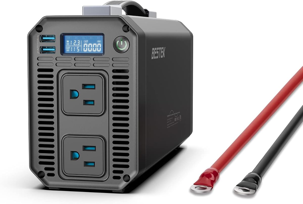 1200 Watt Power Inverter, 12V DC to 110V AC Car Inverter with LCD Display, 2 AC Outlets, 5V/2.4A USB Port, Cables Included, Car Power Converter for Truck, Home, Vehicles, Laptop