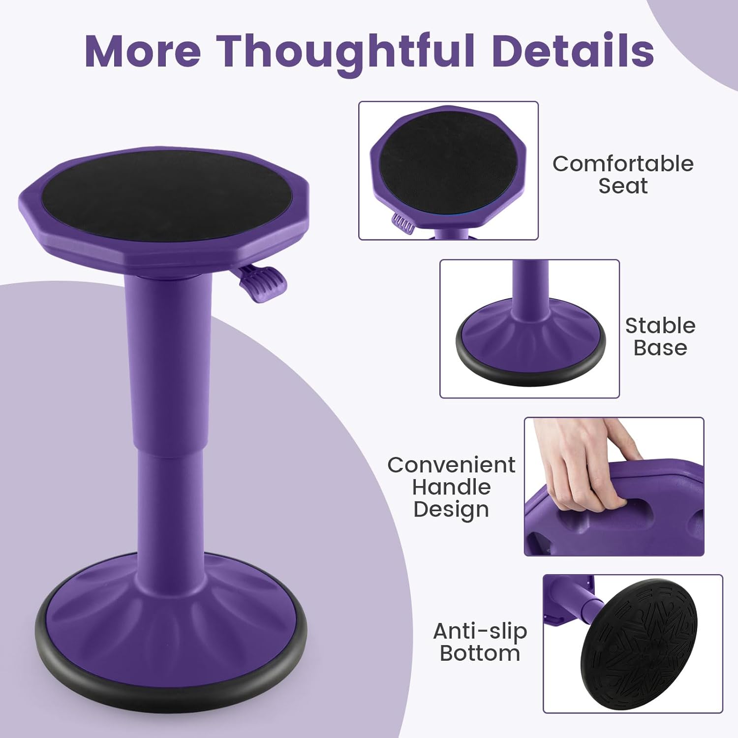 GLACER Wobble Stool, Kids Wiggle Stool for Classroom Seating, 24" Active Learning Stool w/Adjustable Height, Sitting Balance Chair for School, Office, Flexible Seating Wobble Chair (Purple)
