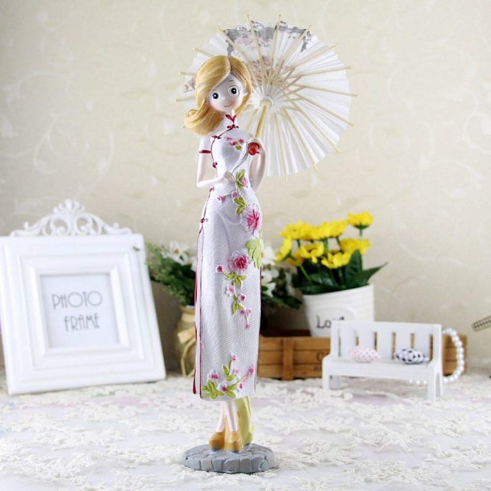 Statue fille en cheongsam blanc, figurine en résine pour déco maison et bureau