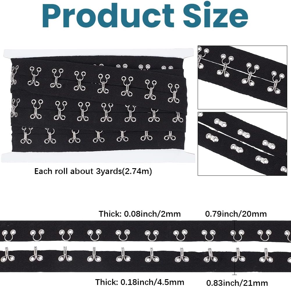 3 Yards Black Cotton Hook and Eye Trim Closure Tape Hooks Eyes Trims Ribbon Wide Fabric Trimming Silver Metal Edging for Sewing Making Clothing Accessories Craft image 2
