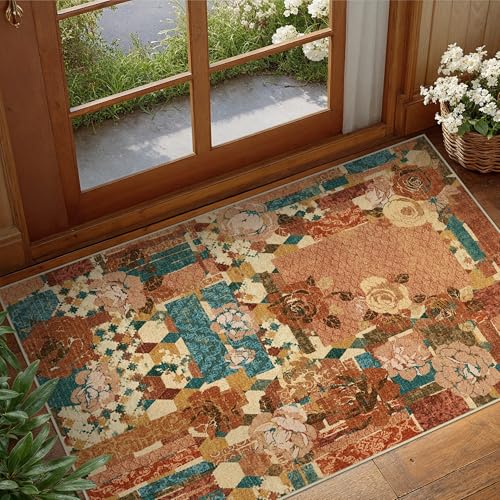 GENIMO Area Rug 2x3 Doormat, Machine Washable Low Pile Rugs, Small Floral Patchwork Retro Chenille Entryway Mat for Entrance, Hallway, Kitchen and Corridor, Rose Red