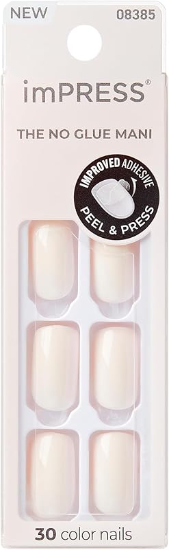 KISS Impress No Glue Mani 30 piezas de uñas a presión, diseño de uñas medianas, impresión blanca pura sólida, fácil de pelar y presionar, fácil aplicación, eliminación sin complicaciones, herramientas esenciales incluidas