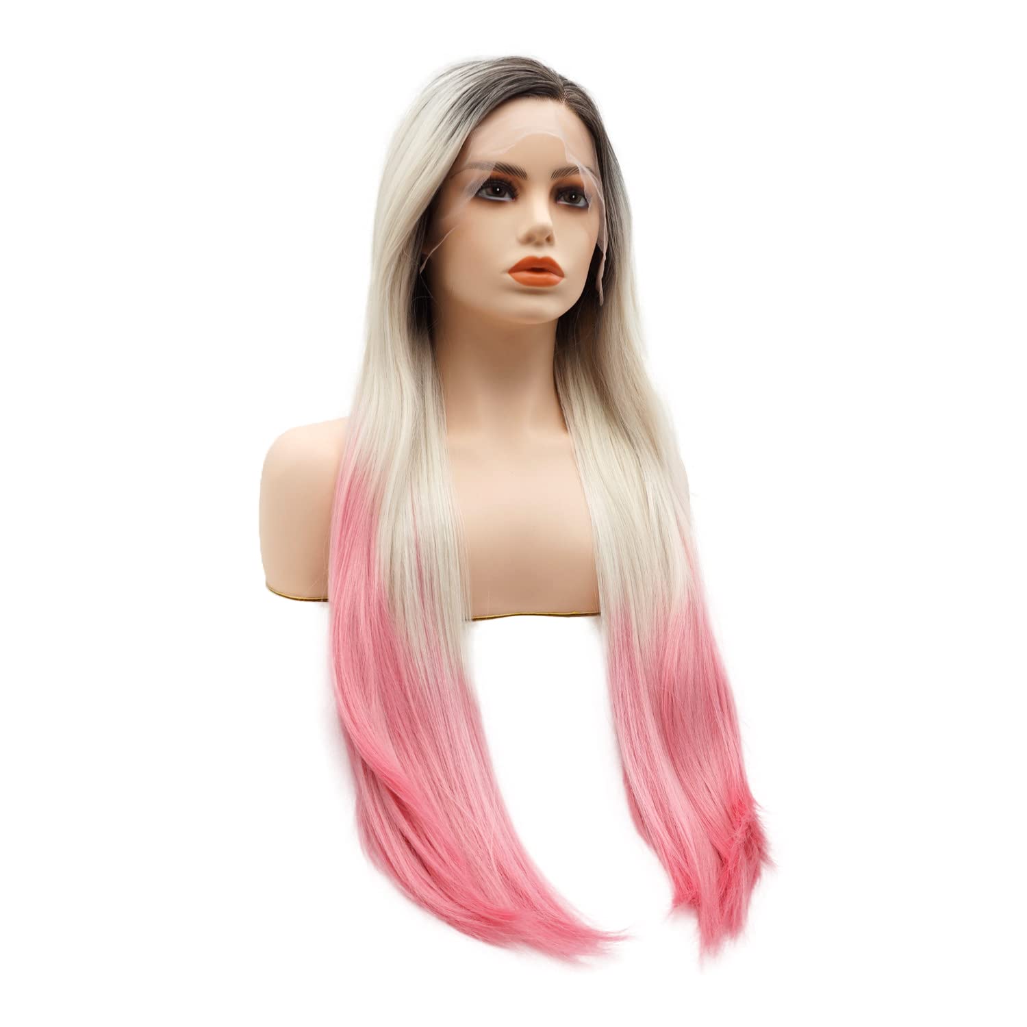 Hair Synthetic Lace Front Wig Straight Super Long 28inch Dark Root Light Blonde Pink Ombre Heavy Density Heat Resistant Realistic Wig