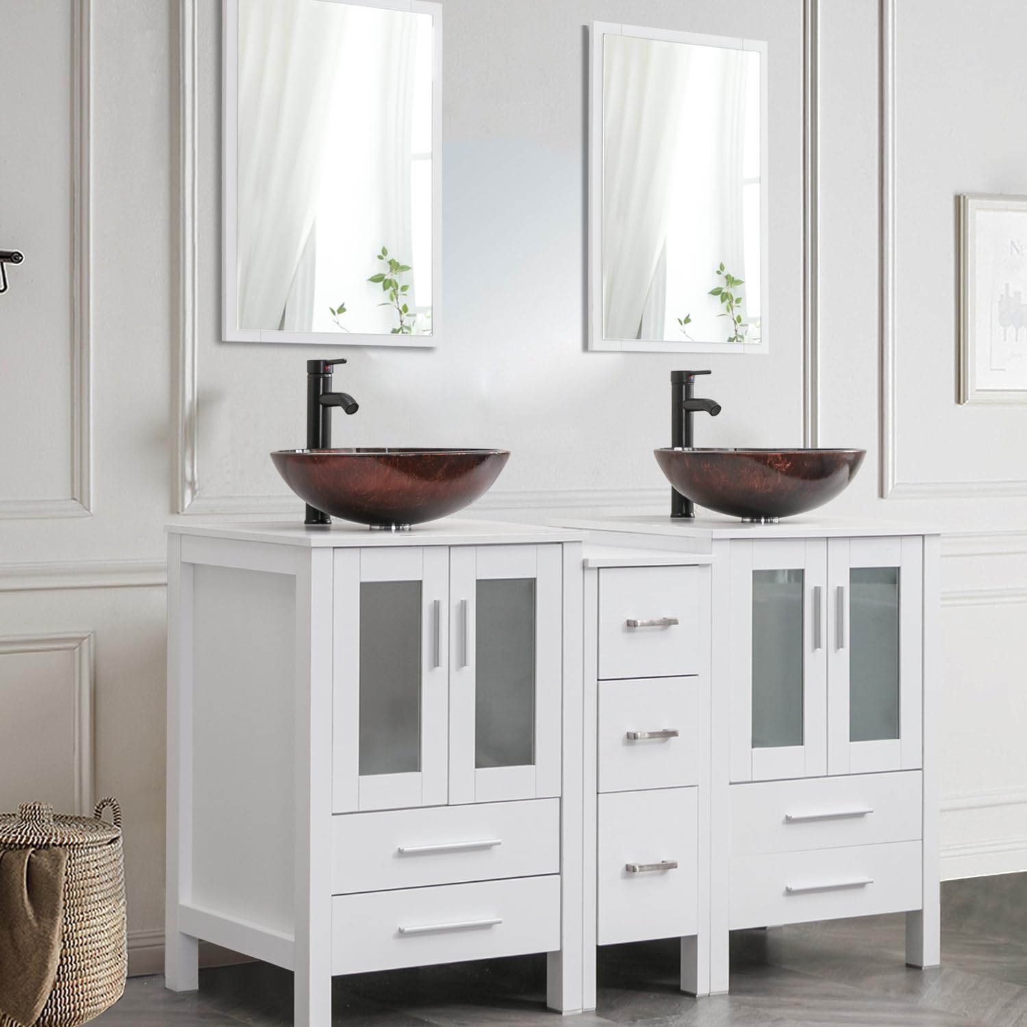 UEV 60" White Bathroom Vanity Set,Double Vanity with Round Glass Vessel Sink Combo,Removable Vanity Pedestal, Mirror Not Included(A09)