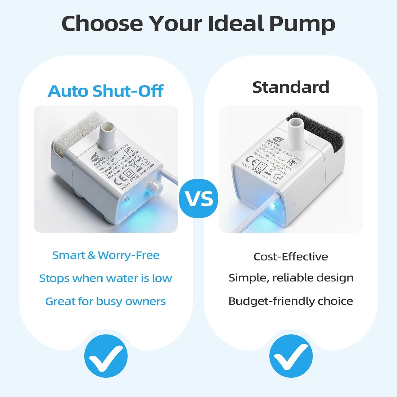 Cat Water Fountain Pump, JY-830 Replacement Pump with Light, Auto Waterless Power-Off, Ultra-Quiet <25dB, Universal for Stainless Steel Pet Fountains， Dog/Pet Water Fountain Motor