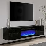 Jocisland Floating Fireplace TV Stand, Wall Mounted Mirrored Entertainment Center with 40" Electric Fireplace, Modern LED Lights Media Console for TVs Up to 90", White