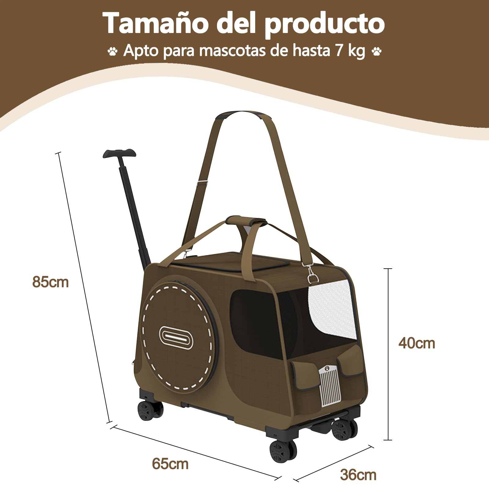 Galatée Cochecito para Mascotas, Bolsa De Viaje para Perros con Ruedas Extraíbles, Bolsa para Gatos con Ventanas De Malla, Bolsa Plegable para Perros para Viajes, Camping y Exteriores(Marrón)