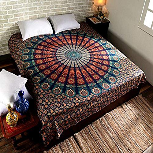 RAJRANG Peacock Mandala Tapestry Hippie Wall Hanging 90x84 inch Decorative Trippy Tapestries Boho Indian Handmade Cotton Bedspread