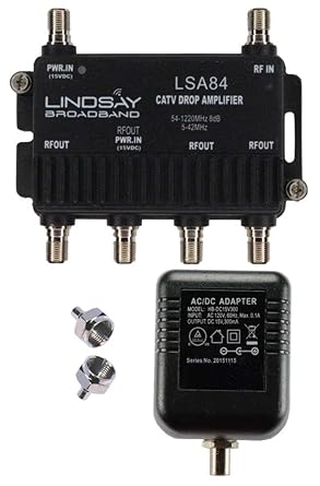 4-Port Cable TV/Antenna/HDTV/Internet Digital Signal Amplifier/Booster/Splitter with Passive Return, F59 Terminators (Lindsay LSA84)