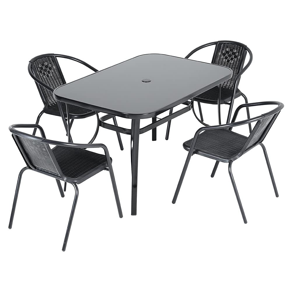 The Fellie Garden Furniture Set Outdoor Dining Table and Chairs Patio Tempered Glass Table Top with Umbrella Hole Wicker Stacking Chairs Seat（120cm Rectangle Table+4PC Chair）