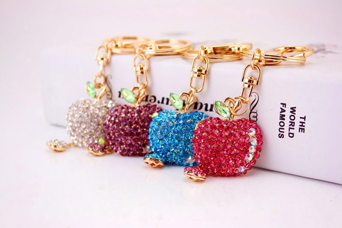 One Pack Cute Colorful Rhinestone Little Apple Car Keychain Girl Bag Accessories Keychain Fruit Christmas Gift Charms