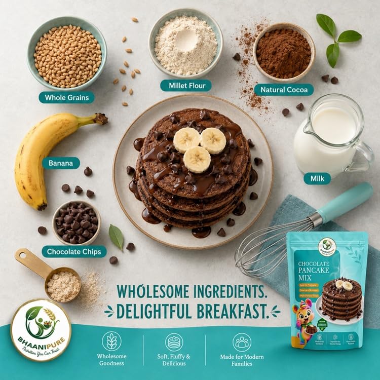 Image of Chocolate Millet Pancake Mix, 250g (Pack of 1) | Eggless, Gluten-Free, High Sprouted Protein | No Refined Sugar