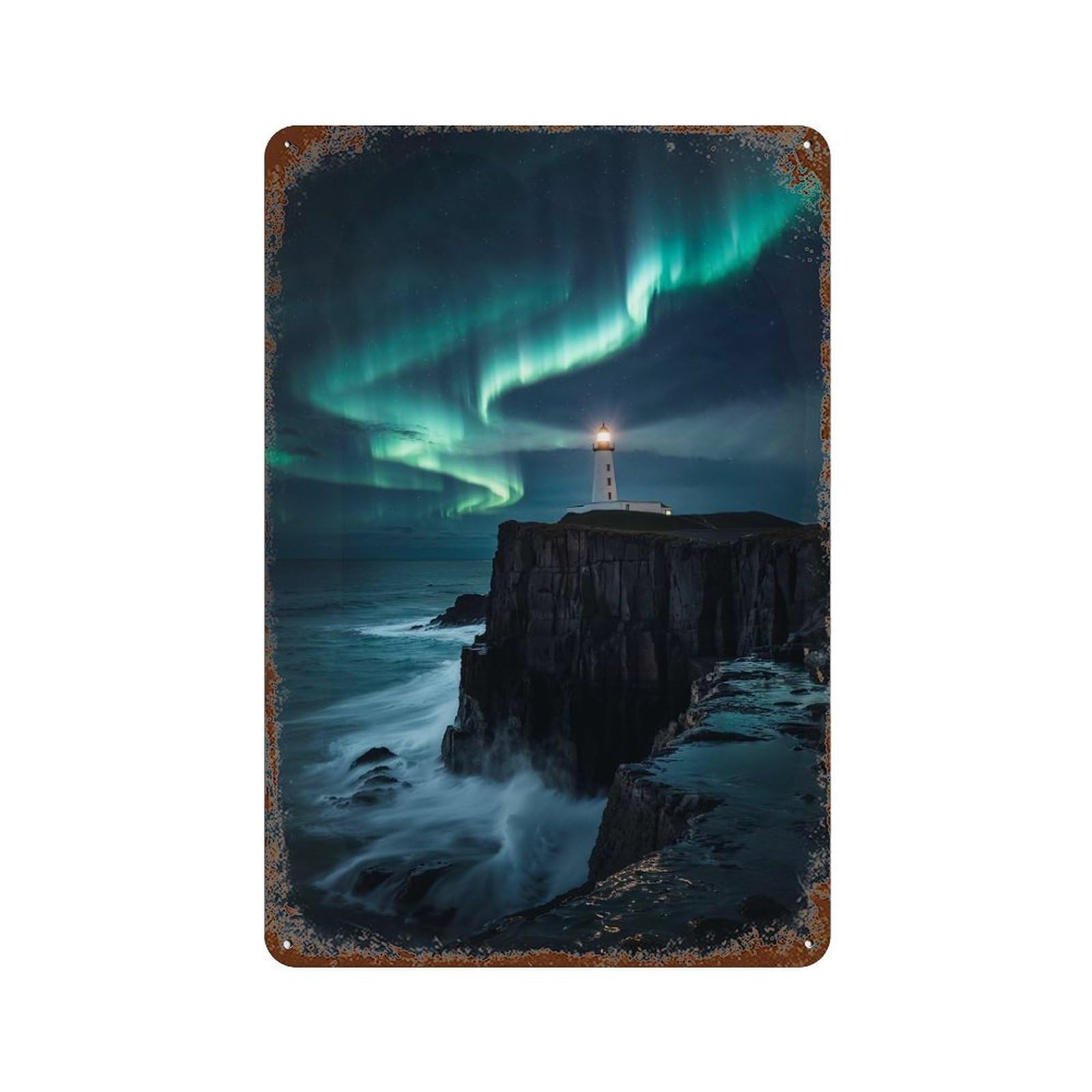 Lighthouse Under Aurora Borealis Rust Effect Tin Sign 11.8"x7.9", Vintage Wall Decor for Bistro, Counter And Cafe Decor